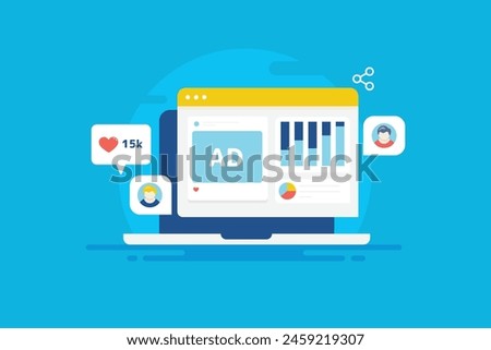 Social media analytics tool, Social media tool displaying social media ad campaign performance, Social media ads driving more traffic, likes, audience engagement - vector illustration with icons