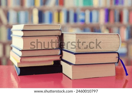 stack of books on wooden background in library