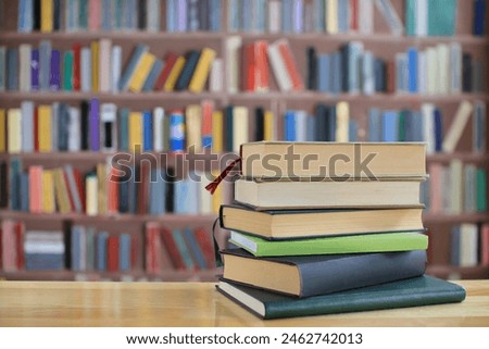 Book, Stack of books on the table in library, education