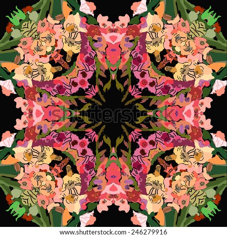 Circular seamless  pattern of colored floral motif, flowers, gladioli   on a black   background. Hand drawn.