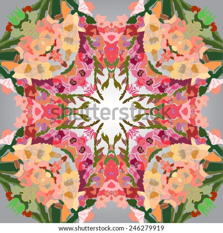 Circular seamless  pattern of colored floral motif, flowers, gladioli   on a  gradient gray  background. Hand drawn.