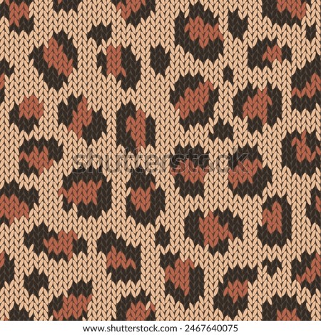 Knitted animal skin seamless pattern. Fabric imitation vector background. Flat style knit wallpaper with leopard print. Cute design for gift wrap, paper, textile