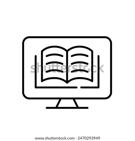 Book on computer monitor. E-library access, virtual learning and reading. Pixel perfect, editable stroke vector icon