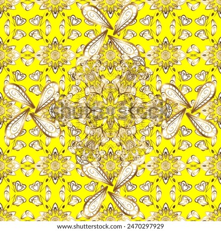 Stylish graphic pattern. Seamless background. Wallpaper baroque, damask. Floral pattern. Golden elements on brown, yellow and white colors.