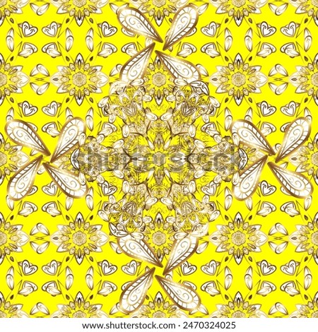 Gold floral ornament in baroque style. Damask background. Golden floral seamless pattern. Golden element on a yellow, brown and white colors.