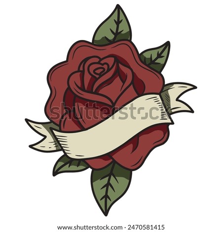 Tattoo of red roses and banner. vector illustration.