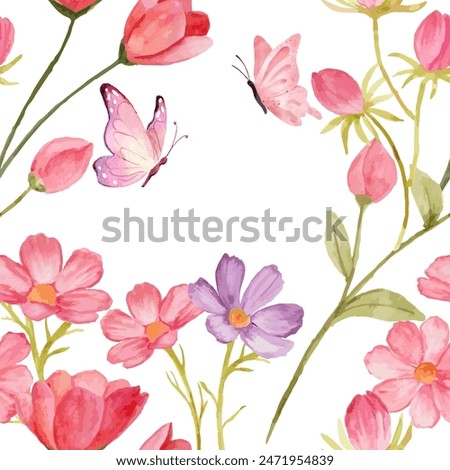 seamless illustration of pink flowers and butterflies