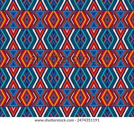 Modern geometric pattern with diamonds, stripes, diagonal lines. Ikat print. Zigzag chevron abstract illustration. Tribal ethnic vector texture. Aztec style. Folk embroidery. Scandinavian, African rug