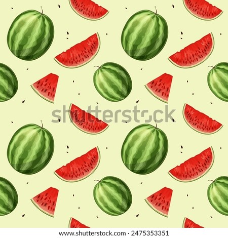 Pattern with watermelon, whole and sliced, vector seamless background, eps10