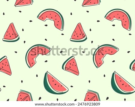 Sweet ripe watermelon slices seamless pattern. Abstract red summer doodle berry fruit. Cute funny simple modern ornament. Ingredient for seasonal refreshing cocktail, smoothie