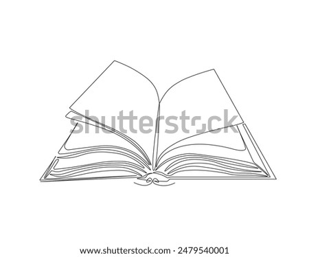 Continuous one line drawing of opened book. One line drawing illustration of book. Education book, idea, school and intelligence concept line art. Editable outline.