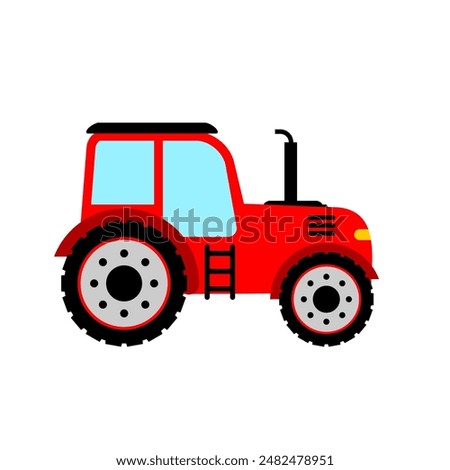 Red tractor vector on white background. Agricultural tractor side view. Agricultural machinery in flat cartoon. Clip art transportation for kids edcation or social media post