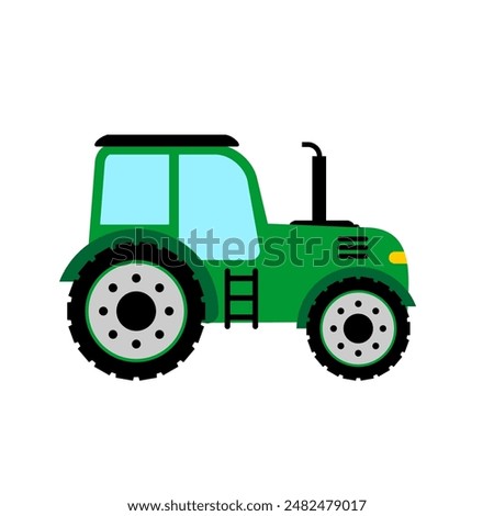 Green tractor vector on white background. Agricultural tractor side view. Agricultural machinery in flat cartoon. Clip art transportation for kids edcation or social media post