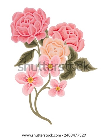 Vintage romantic pink and red flower bouquet arrangement with rose florals, peony, wildflower, and leaf branch illustration elements for wedding invitation, greeting card, seasonal prints, decorations