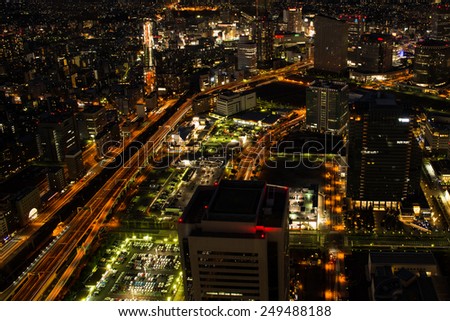 Yokohama, Japan aerial view at night near Minato Mirai port area.