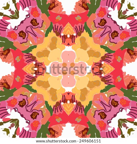 Circular seamless pattern of colored floral  motif, spots  on a white  background. Hand drawn.