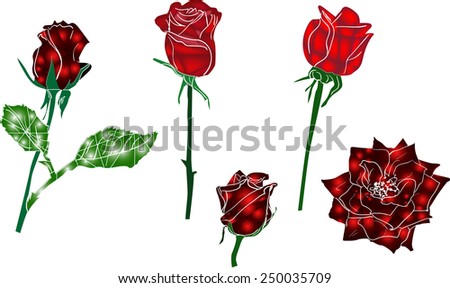 illustration with five red abstract roses isolated on white background