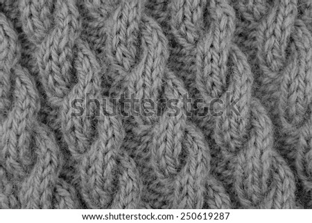 Closeup of coiled rope cable stitch knitting on the diagonal - monochrome processing