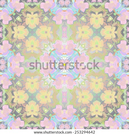 Circular seamless pattern of pale floral motifs on a  gradient gray   background. Hand drawn.