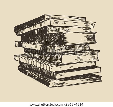 Pile (stack) of old books, vintage hand drawn vector illustration, sketch, engraved style.