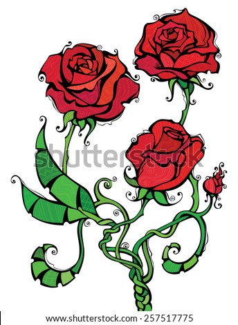 Red roses illustration. Three red roses isolated on white background. Patterns, black outline, coloured elements are on separate layers. For your Valentine's or wedding design. 