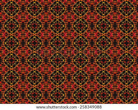 Ethnic textile style abstract geometric motif pattern in vivid and saturated warm tones in black background 