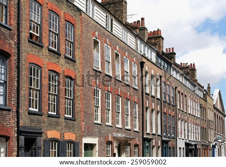Row of old buildings architecture in East London 