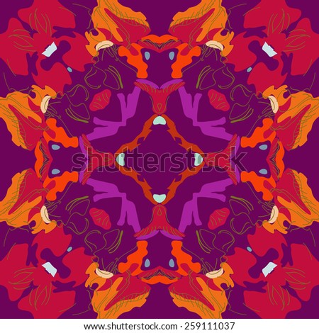 Circular seamless pattern of floral motif on a background. Hand drawn.