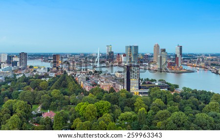Rotterdam skyline with the central and business area of the city along the Nieuwe Maas (New Meuse) river.