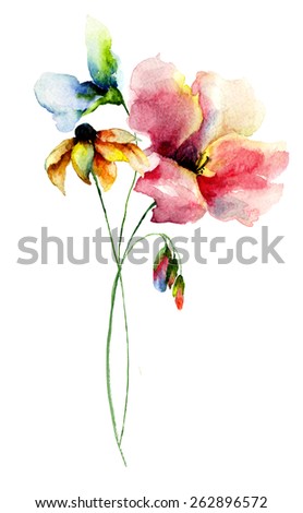 Original Summer flowers, watercolor illustration
