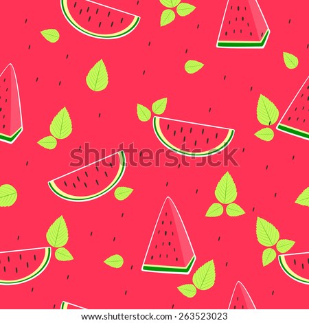 seamless background with watermelon slices, seed and mint leaves