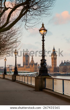 Lamp on South Bank of River Thames with Big Ben and Palace of Westminster in Background, London, England, UK