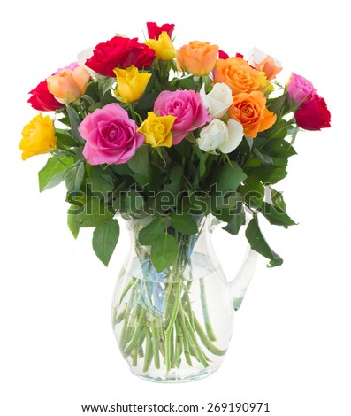 bouquet of pink, yellow, orange, red, and white fresh roses isolated on white background