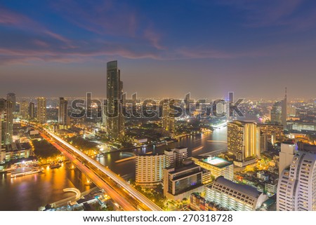 Twilight of Bangkok skylines with Chao Phraya river curve, Bangkok Thailand