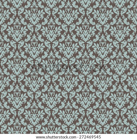 Damask Seamless Vector Pattern.  Elegant Design in Baroque Style Background. Floral and Swirl Element. Blue Brown Color. Ideal for Textile Print and Wallpapers.