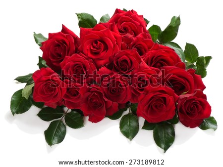 Bouquet of red roses with green leaves isolated on white