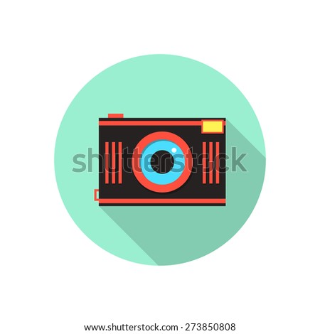 red and brown photo camera in green circle. concept of technical, personal technique, focal length, studio, record, photoalbum. flat style trendy modern logo design eps10 vector illustration