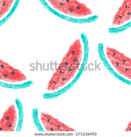 Fancy watermelon seamless pattern. Hand drawn with crayons. Back to school sketchy style