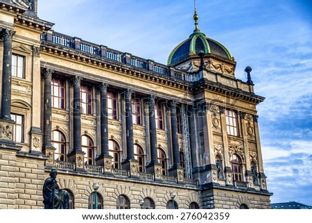 Buildings  and houses in the historical center of Prague. Wenceslas square in Prague in Central Europe: the equestrian statue of Saint Wenceslas and the Neorenaissance National Museum