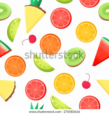 Tropical fruit seamless pattern. Pineapple, watermelon, orange, grapefruit, lemon, lime, kiwi, cherry. Retro vector background