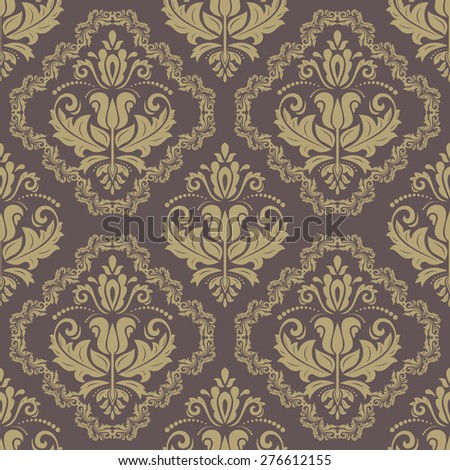 Oriental vector fine texture with damask, arabesque and floral elements. Seamless abstract background. Brown and golden ornament