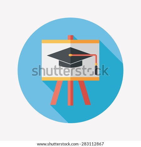 Graduation hat on the blackboard flat icon with long shadow
