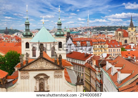 spires and roofs of Prague old town from above, Czech Republic