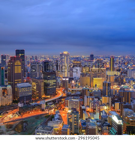 Panorama view of Osaka urban city at twilight in Japan
