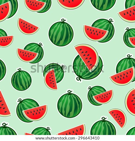 Watermelon and slice with white stroke pattern on light green background vector illustration