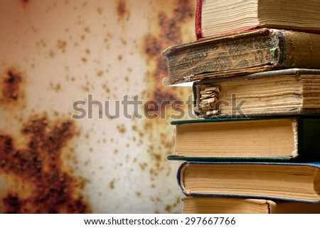 Pile of old used books in closeup