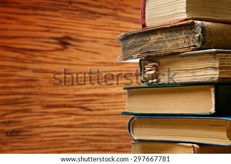 Pile of old used books in closeup