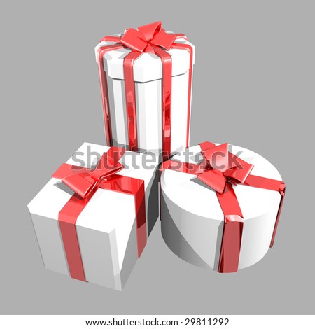 White gift boxes with red ribbons on a gray background + Clipping paths (selection from a background)