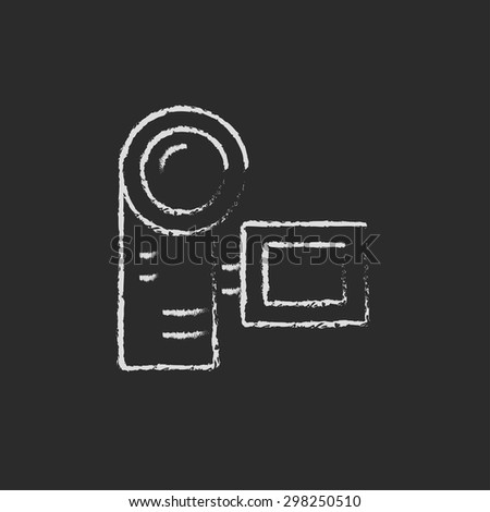Camcorder hand drawn in chalk on a blackboard vector white icon on a black background