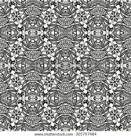 Vector geometric and floral seamless pattern, abstract background with hand drawn repeating texture. Tribal ethnic arabic indian ornament. Black and white